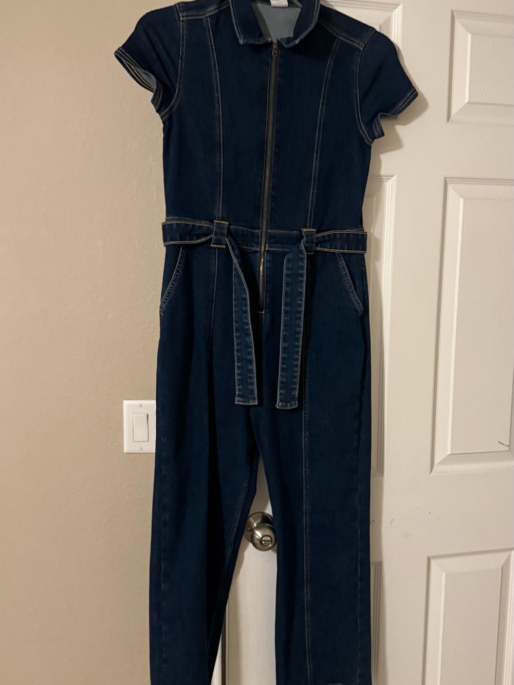 Abercrombie & Fitch Dark Blue Denim Short-Sleeve Jumpsuit